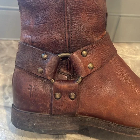 Vintage Frye Women’s Leather Boots Phillip Harness Tall Size 7 Cognac - Picture 10 of 13